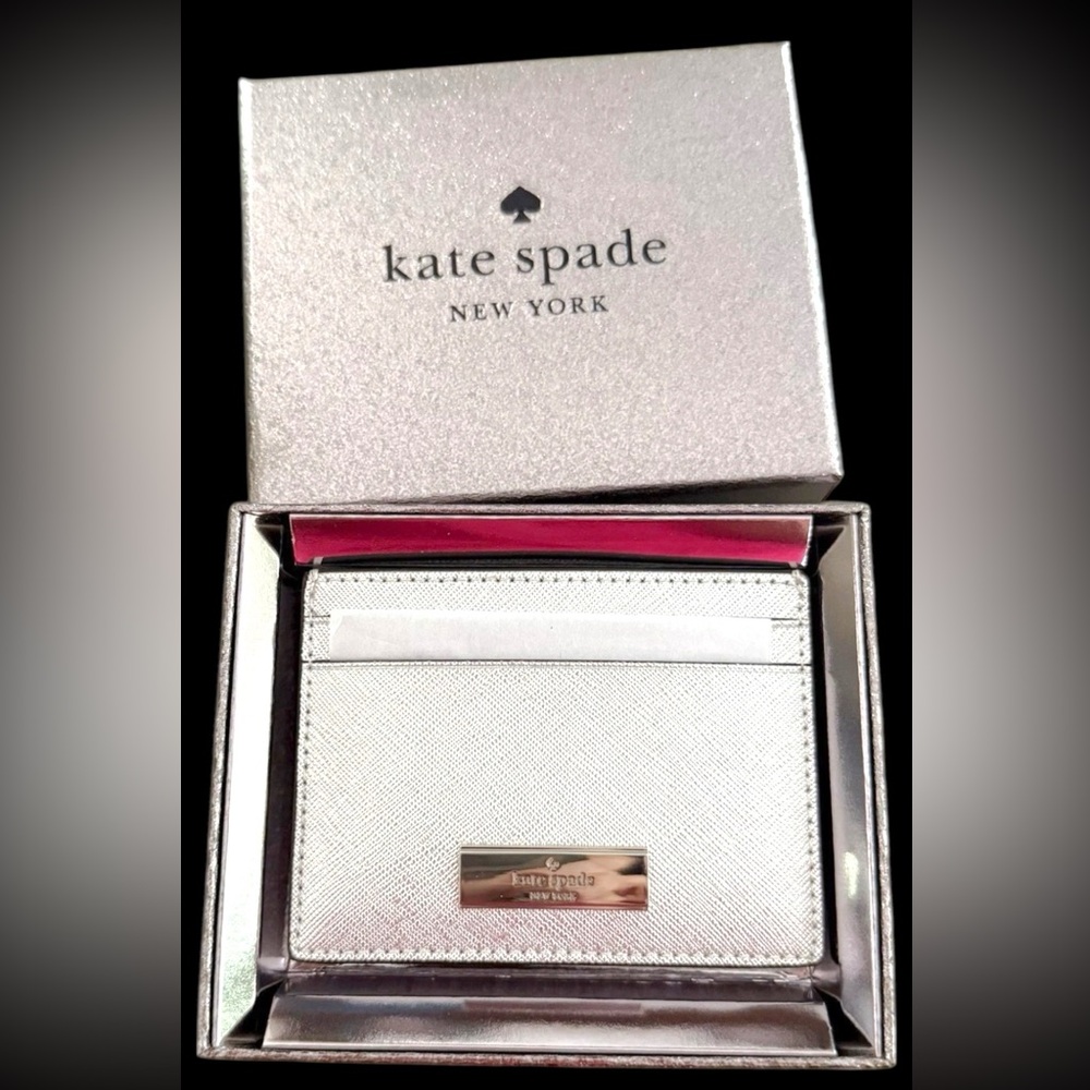 Kate Spade Kenzie cardholder metallic silver saffiano leather gift box $99